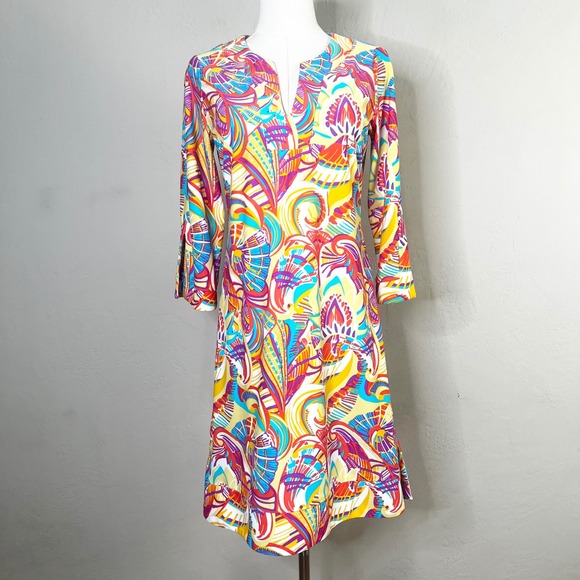 Jude Connally Dress Size S Colorful Print 3/4 Sleeve Knee Length Made in USA - Picture 1 of 10